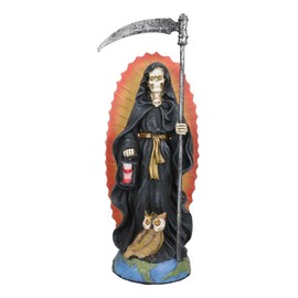 Ebros Gift Santa Muerte Holy Bone Mother Skeleton with Scythe Hourglass and Owl in Black Tunic Robe Figurine Dark Angel of Protection and Power Grim Reaper Decorative Sculpture