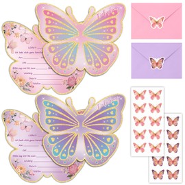 Dercylele 20 x Invitation Cards Children's Birthday Girl Butterfly Invitation Cards Children's Birthday Party with 20 Envelopes Stickers, Butterfly Decoration Birthday