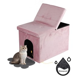 MEEXPAWS Cat Litter Box Enclosure Furniture Hidden Large, Lift Design Lid Velvet Cat Washroom Bench Storage Cabinet|25x 18 x 18 in|Dog Proof|Urine Proof Inside|Quick Assembly| Easy Clean(Pink)
