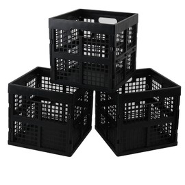 Kiddream 3 Pack 18 Liter Small Plastic Milk Crate, Square Folding Storage Baskets, Black