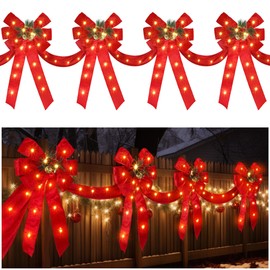 13 FT Christmas Ribbon and Bows Fence Decoration, 140LED Lighted Large Christmas Bows Decoration with Berries Hazelnuts Bells Pine Needles Ornament for Christmas Party Front Door Fireplace Wall Decor