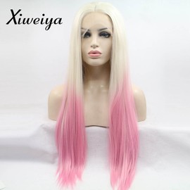 Xiweiya Synthetic Lace Front Wigs With Heat Resistant fiber Ombre blonde to pink wig peach red Wigs For Women Rosie Whiteley Hairstyle Pink Wig Girls 24 inch