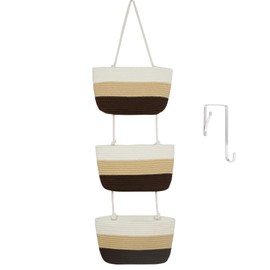 TeoKJ Over the Door Hanging Baskets, 3-Tier Woven Cotton Storage Organizer Bag Decorative Nursery Kitchen Baskets，Gradient Brown