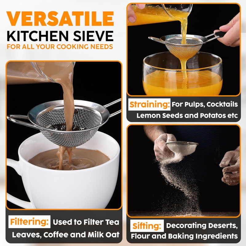 Black Sieves and Strainers Set - Metal Sieve Stainless Steel,