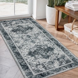 Joydeco Runner Rug 2x5 Non Slip Machine Washable Vintage Rug, Low Pile Non Slip Chenille Print Rugs for Doormat, Entryway, Bedroom, Kitchen and Corridor, Bathroom, Light Gray