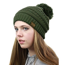 NYFASHION101 Unisex Multicolor Warm Cable Knit Slouch Pom Pom Beanie Cap, 13 2 Tone Olive One Size