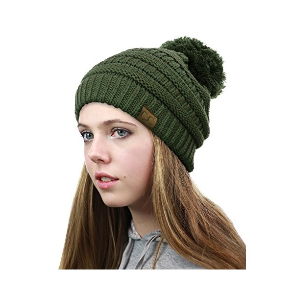 NYFASHION101 Unisex Multicolor Warm Cable Knit Slouch Pom Pom Beanie Cap, 13 2 Tone Olive One Size