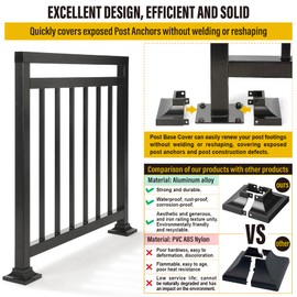 Epcee 1pcs Post 1.5" Aluminum Deck Post Base Cover, Post Skirt, Handrail, Stair, Porch, Deck Railing Base Brackets Covers (Black)