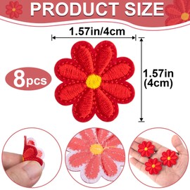 PAGOW 8 Pcs Flower Iron on Patches, Cute Daisy Flower Applique Patch, Sew On Embroidered Applique Sewing Patches for Bags, Jackets, Jeans, Clothes, 1.57x1.57inch (W*H), Red