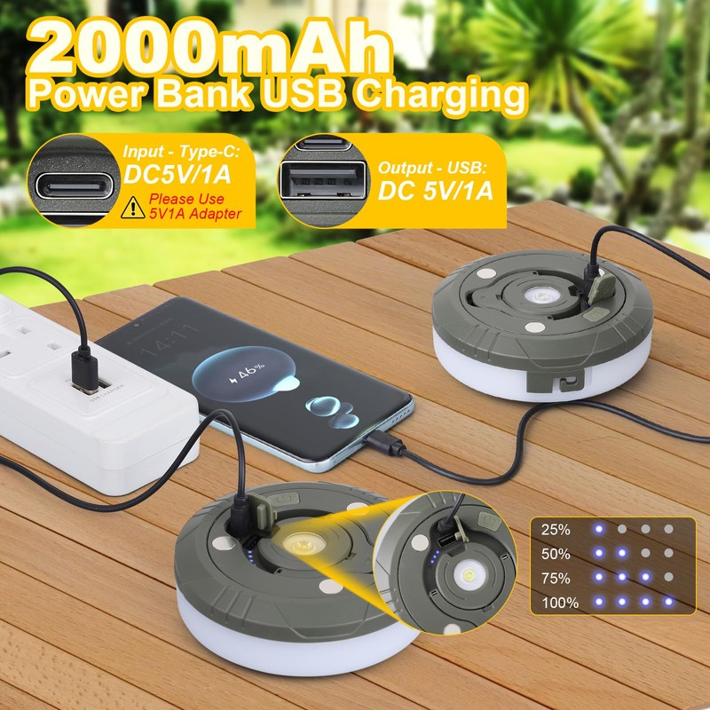 Camping String Lights, Rechargeable Tent Lights String with 8 Lighting