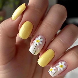 Medium Press on Nails Square Fake Nails Yellow Nails Press ons Glossy Glue on Nails White Acrylic Nails Spring Summer False Nails with Flower Designs Cute Stick on Nails for Women 24Pcs