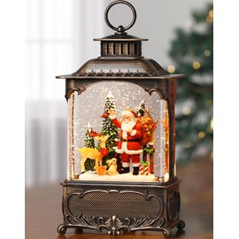 Santa Snow Globe Lantern Christmas Snow Globes, Lighted Christmas Decorations Indoor with Music Timer Swirling Glitter, Musical Santa Claus Reindeer Home Decor, USB or Battery Operated