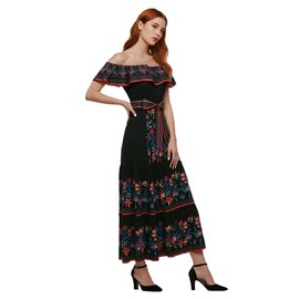 Womens Mexican Fiesta Dress Cinco De Mayo Spanish Cuban Dress with Belt(X-Large,Black)