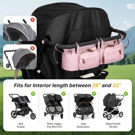 Boomistry Double Stroller Organizer for Bob Duallie and Baby Jogger City Mini GT2, Double Stroller Caddy Organizers with Cup Holder and 2 Cooler Pockets Parent Console Double Stroller Accessories