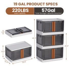 LCG 3-Tier Foldable Plastic Storage Bins with Lids and Doors, 57 Gallon (19 Gal x 3pack), Stackable Organizer Drawer
