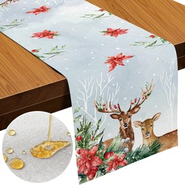 Cirzone Waterproof Table Runner Christmas 40 x 140 cm Table Decoration Christmas Flowers and Deer Winter Christmas Table Runner Christmas Decoration for Holiday Party Indoor and Outdoor Use
