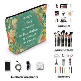 YULUENZE Bible Quote Makeup Bag Floral Canvas Organizer Zipper Pouch Romans 12:12 Rejoice In Hope Cosmetic Bag Baptism Birthday Present for Christians Women Friends