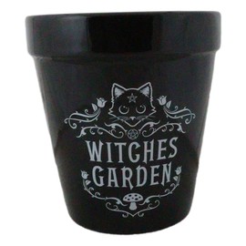 Ebros Gift Wicca Witchcraft Gothic Magic Black Ceramic Planter Pot Vase Floral Container Alchemy Occult Potter Flowerpot Green Thumb Gardening Home Accent (Feline Cat Witches Garden)