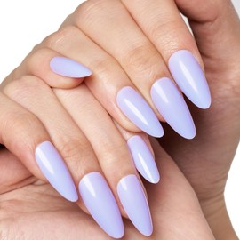 GLAMERMAID Pure Purple Press on Nails Medium Almond, Natural Glossy Jelly Gel Nails Stiletto Fake Nails with Design, Light Lavender Short Oval Stick Glue on Nails Tip for Women, Acrylic False Nail Kit