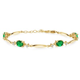 Gem Stone King 18K Yellow Gold Plated Silver Green Nano Emerald and White Lab Grown Diamond Tennis Bracelet For Women | 2.70 Cttw | Gemstone May Birthstone | Oval 7X5MM | 6 Inch + 1 Inch Extender