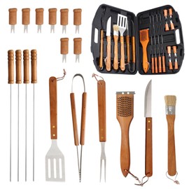 18-Piece Wooden Grill Tool Set, BBQ Accessories and Grill Tools, Durable Stainless-Steel Utensils with Recycled Plastic Case, Spatula, Tongs, Cleaning Brush & More, Grilling Gifts for Men