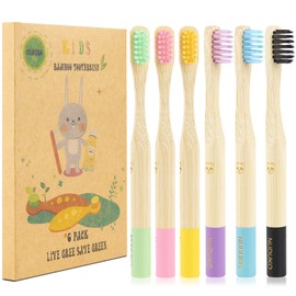 NUDUKO Bamboo Kids Toothbrushes (6 Pack) - Soft Bristle Organic Compostable BPA Free Toothbrush for Kids Toddler Baby Tooth Brush, Eco Friendly Natural Biodegradable Wooden Toothbrush - Round Handle