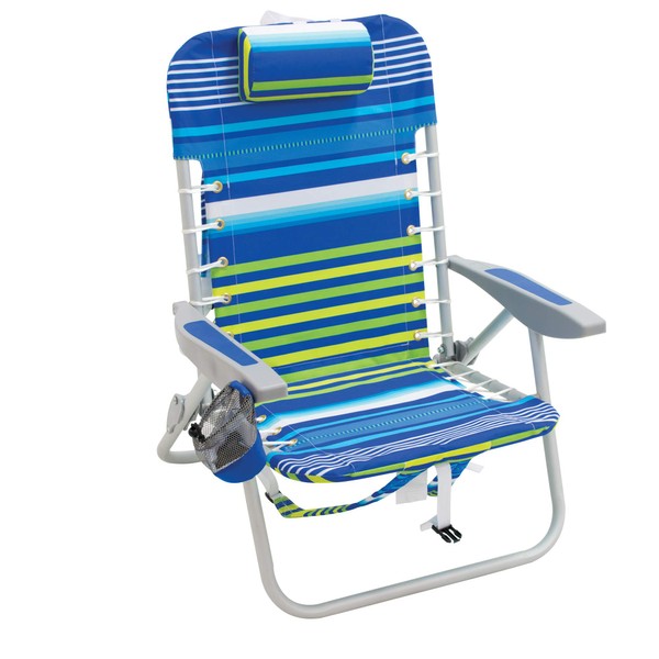 Rio Brands Beach 4-PRio Beach 4-Position Backpack Lace-Up Suspension Folding Beach Chair - Blue/Green Stripe , 24" x 24.75" x 33"