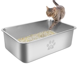 PWTAA Stainless Steel Cat Litter Box High Side Cats Toilet Metal Kitten Litter Pan, Pet Cleaning Tool for Big and Small Cats, Rabbits, Splash-Proof and Non-Stick Cat Poop Box odorless 23.6"x15.7"x5.9"