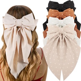 4 PCS Hair Bows for Women, Big Hair Clips in Neutral Color Swiss Dot Hair Barrettes Clips with Long Tail Hair Accessories for Long Hair, Curly, Wavy, Fine, Thick - Gift (Black, white, khaki, cream)