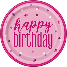 Unique 83607EU Eco Friendly Paper Plates-23cm-Glitter Pink & Silver 8 Pack-Pack of 8, Happy Birthday