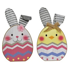 Easter Bunny Egg Chick Tabletop Decor Wood Easter Egg Rabbit Sign for Spring Easter Decoration (Pink Yellow)