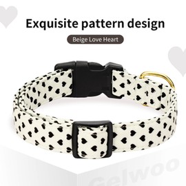 Gelwoo Cotton Dog Collar,Soft and Cute Puppy Collars with Hearts Patterned Design for Girl Female Boy Dogs,Adjustable Buckle Pet Collar for Small Medium Large Dogs (Beige Love Heart, L)