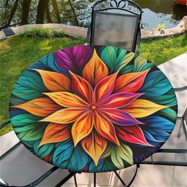Outdoor Round Tablecloth with Elastic Band, Diameter 90 cm, Elastic Garden Tablecloth with Colourful Flowers Pattern