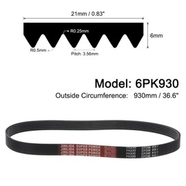 sourcing map 6K366/6PK930 Serpentine Belt 6 Ribs 930mm Length x 21mm Width x 5mm Height, EPDM Poly V Belt, Multi Wedge Micro V Belt for Vehicle