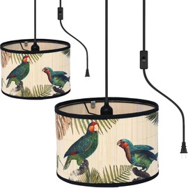 Bioaqua 2 Piece Hanging Lights with Plug in Cord （15ft）,Macrame Bamboo Pendant Light with Pattern,Bohemian Hanging Lights for Bedroom Living Room Decor Bamboo lamp Shade Kitchen