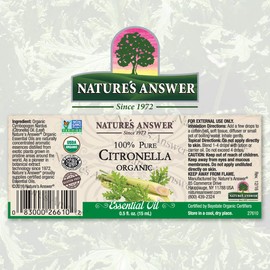 Nature’s Answer USDA Organic Citronella Essential Oil, 100% Pure | Natural Aromatherapy Oil for Diffuser/Humidifier, Steam Distilled 0.5 fl oz. (15ml) | Made in USA