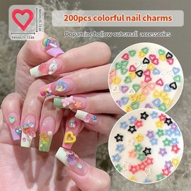 Nail Charms, 200 Pieces of Cute Resin Nail Charms in Heart and Star Design, 3D Gel Nail Art, Colourful Stones for Nail Decoration, Ideal for Women and Girls