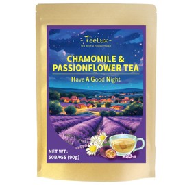 TeeLux Chamomile Passionflower Tea, Caffeine Free Tea with Lemon Balm, Spearmint, Valerian Root, Lavender, Soothing & Smooth Taste, 50 Count