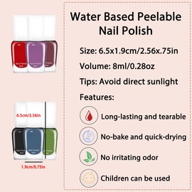 Quick Dry Nail Polish Set Fingernail, 8 ml Easy Peel Off Nail Polish Water Based and Not Gel Finger Nail Polish Kit Set Regular Nail Polish for Girls,Teens and Women(6 Bottles)