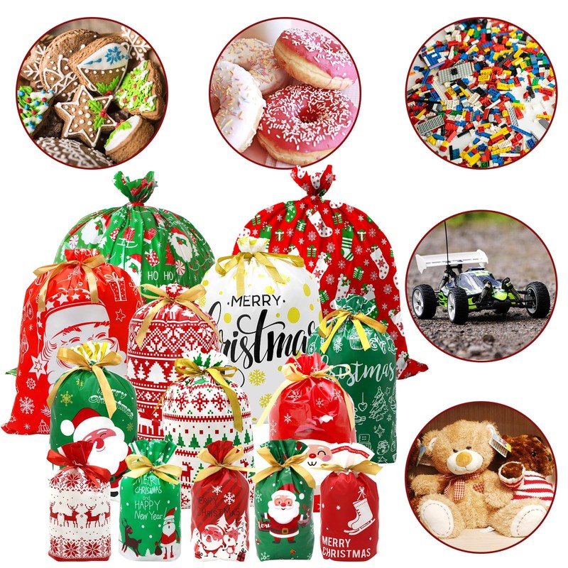 BCUEIDO 45 PCS Christmas Drawstring Gift Bags Assorted Sizes Drawstring