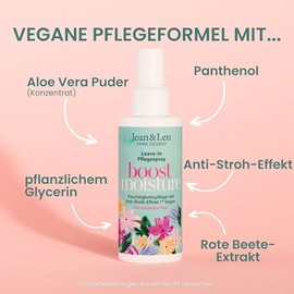 Jean & Len Boost Moisture Leave In Pflegespray, für trockenes Haar, mit Anti-Stroh-Effekt, Leave In Haarpflege, mit Aloe Vera, für glänzendes Haar, ohne Parabene & Silikone, vegan, 100 ml