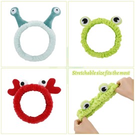 Weenwill Face Wash Headband, 3 Pieces Spa Make Up Coral Fleece Hair Bands Elastic Snail Frog Crab Headband for Washing Face, Sports, Beauty