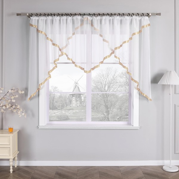 HongYa Kuvertstore Transparent Voile Curtain with Satin Ribbons, Ruffle Tape Curtain