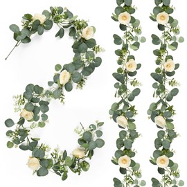 2 Pack 12FT Artificial Eucalyptus Flower Garland with 6 Champagne Roses, Fake Flower Vines Centerpieces for Tables, Spring Greenery Floral Garland for Mantle Wedding Backdrop Home Table Runner Decor