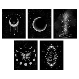 ORIGACH 5 Stück Mondphasen-Wandbilder, 20x25 cm Minimalistische Boho-Wanddekoration, Mondphasen Stern Hexen Wandbilder, Ungerahmte Leinwandbilder Kunstwerke für Badezimmer Schlafzimmer Galerie