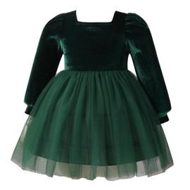 Baby Girls Velvet Dress Toddler Long Sleeve Square Neck Christmas Dress Smocked Back Tulle Tutu Dress Party Holiday Birthday Xmas Formal Fall Winter Dresses Dark Green-Square Neck 9-12 Months