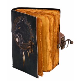 CORIUM ARTIFEX Black Wolf Leather Journal for men and women, 200 Pages of Antique Handmade Deckle Edge Vintage Paper, Leather Sketchbook, Drawing Journal, Printed Leather Journal (6 X 8)