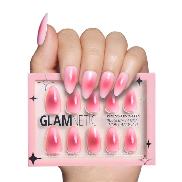 Glamnetic Press On Nails - Blushing Aura | Short Almond Trendy Pink with Ombre Center Nails in a Glossy Finish | 15 Sizes - 30 Nail Kit with Glue