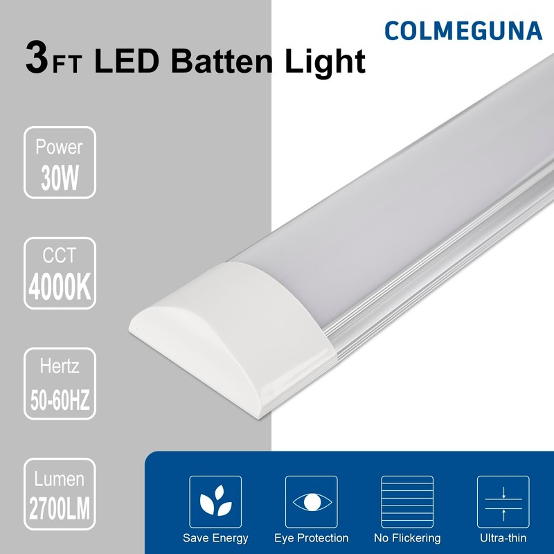 Colmeguna 2 Pack 3FT LED Batten Light, Ultra-Thin Ceiling Surface