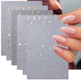 12 Sheets Metallic Moon Star Nail Art Stickers Decals Luxury Golden Silver Nail Stickers Sun Stars Moon Nail Art Design with Starlight Moon Charm Nail Adhesive Sliders for Women Manicure Decoration